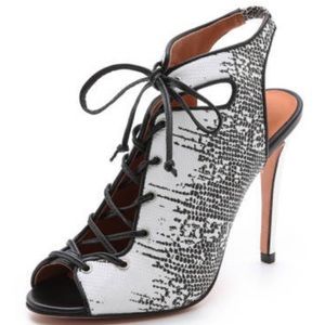 Minkoff RIO White Black Lizard VTG Leather Stiletto Heel Lace Up Open Toe 8.5 8